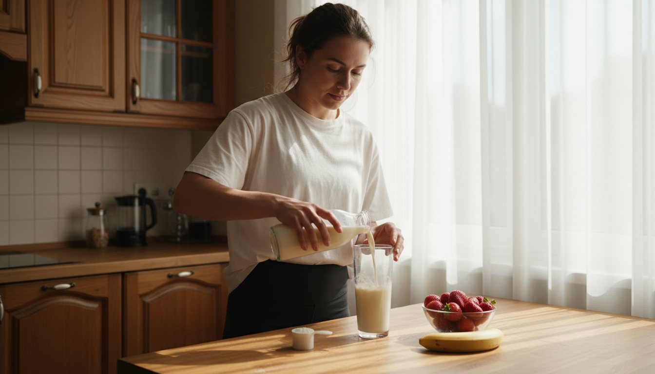 Mujer preparando batido de proteína post-entreno en cocina doméstica