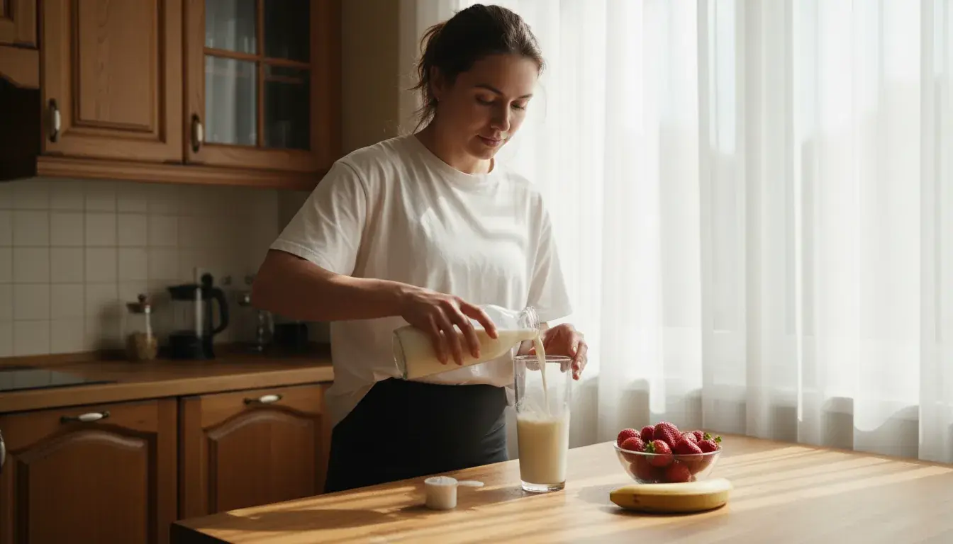 Mujer preparando batido de proteína post-entreno en cocina doméstica