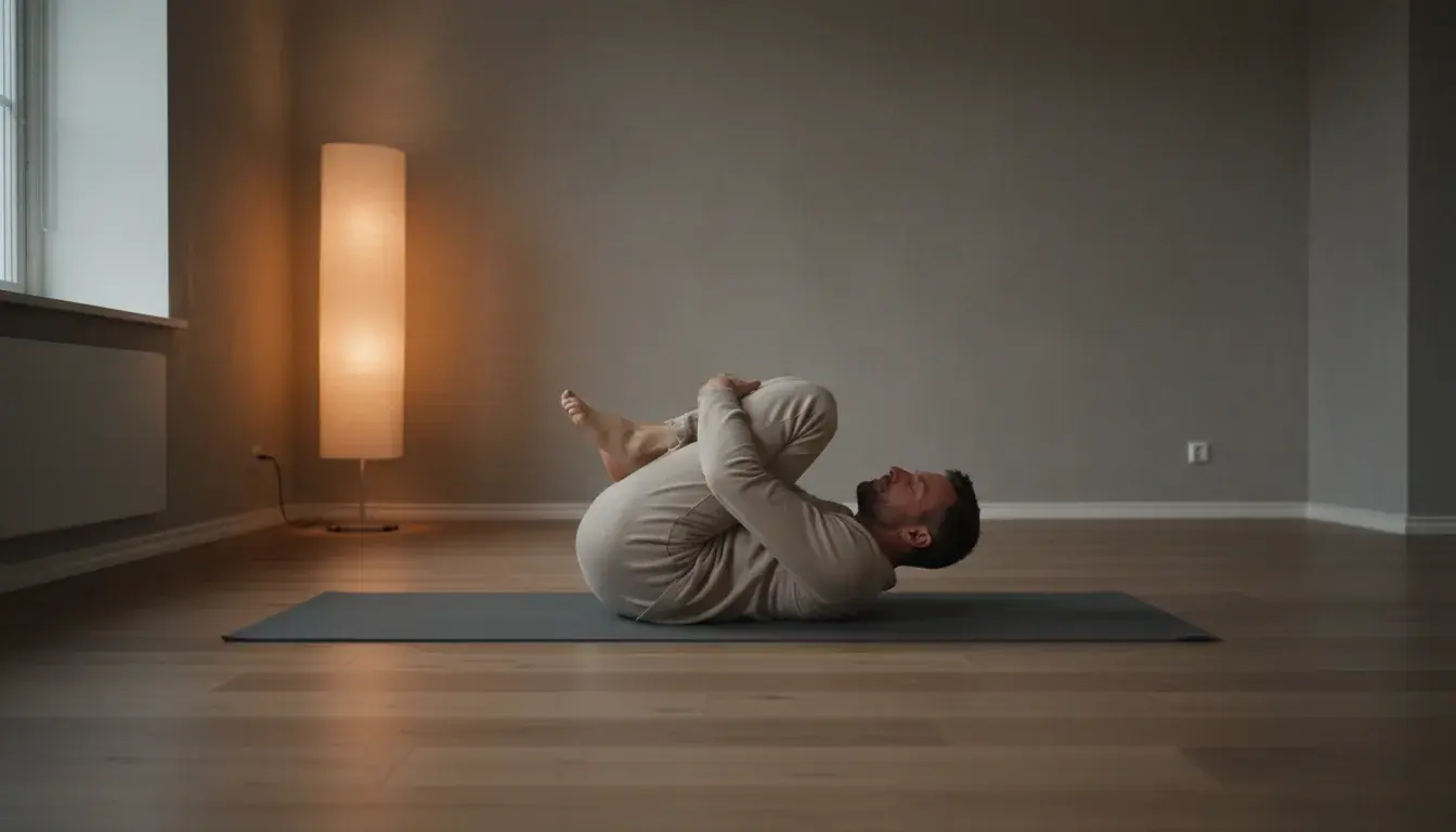 Hombre realizando estiramiento lumbar fetal en una rutina de recuperación post-entreno en casa