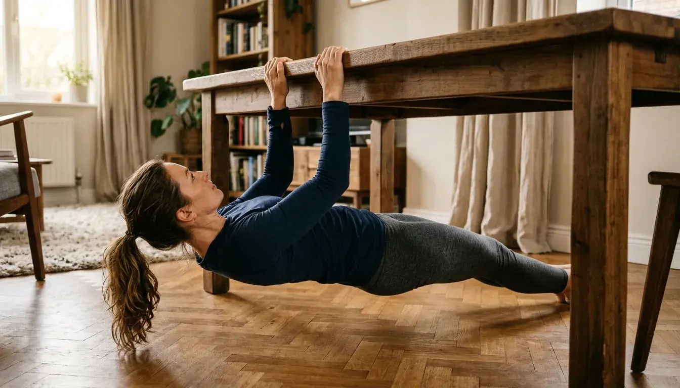 Mujer tumbada boca arriba bajo una mesa de madera maciza, agarrando el borde del tablero con las dos manos y con el cuerpo recto, en la posición del remo invertido