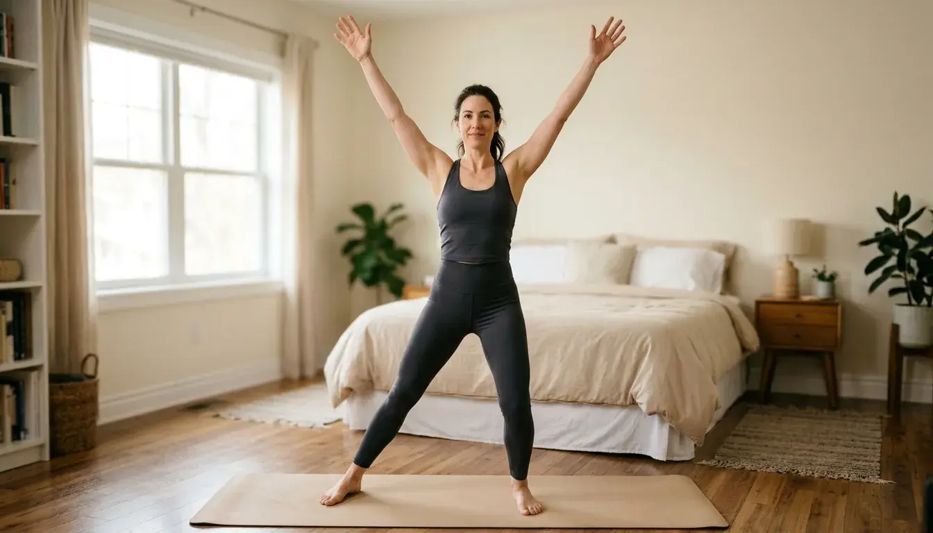 Versión sin saltos de los jumping jacks en un dormitorio: un paso lateral con los brazos por encima de la cabeza
