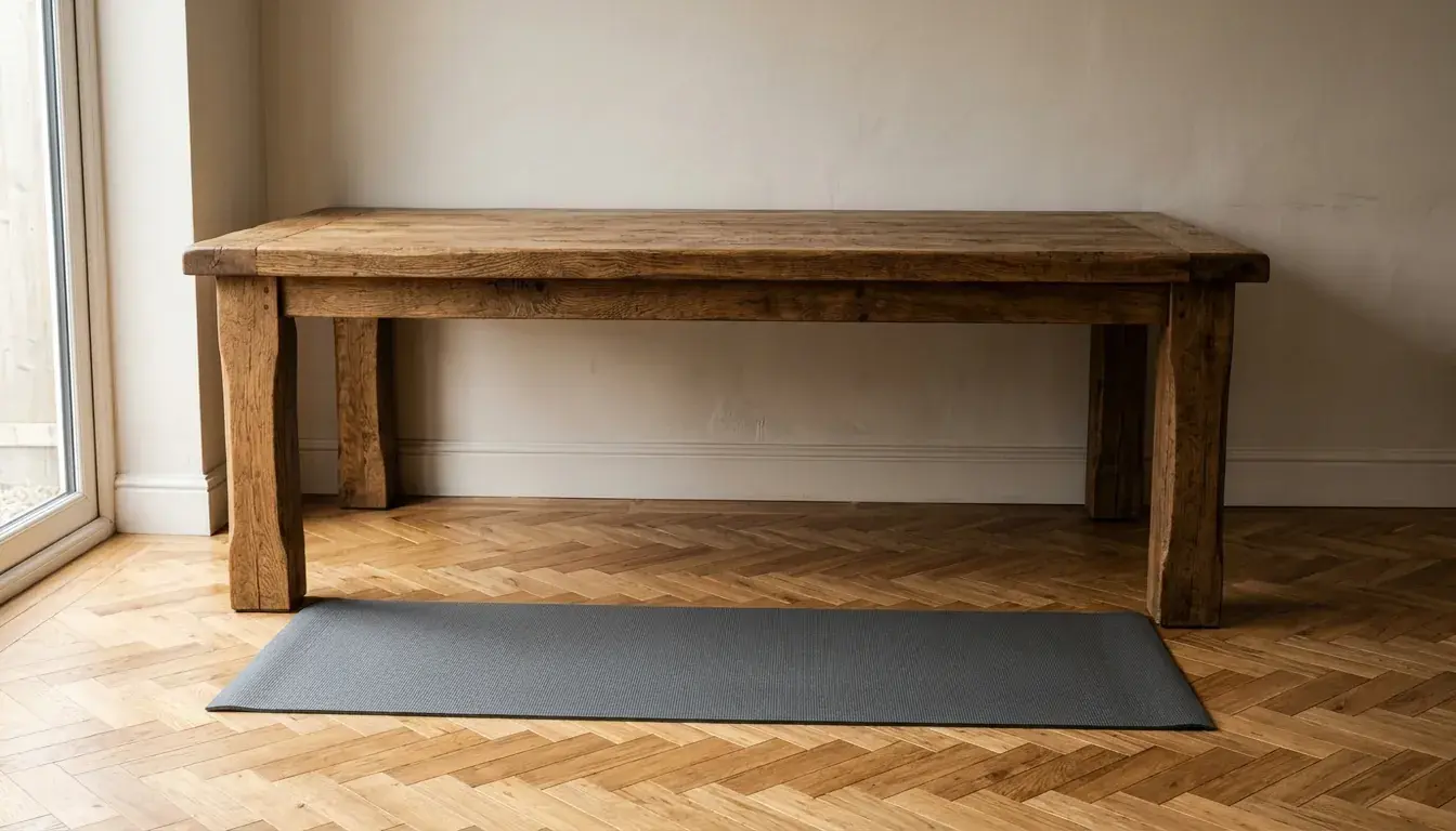 Mesa de comedor de madera maciza con patas gruesas y una esterilla delante