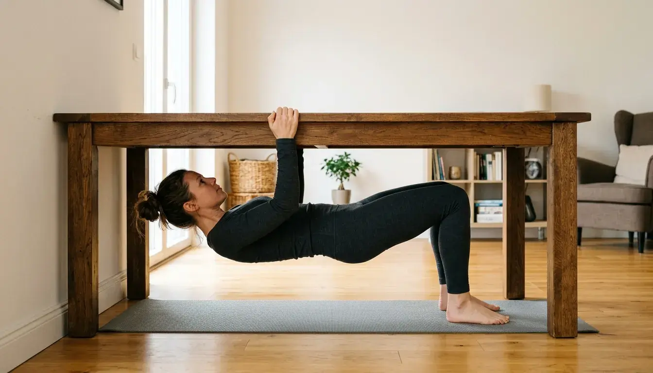 Remo invertido fácil bajo una mesa de madera maciza con un extremo pegado a la pared: rodillas flexionadas, pies planos y las manos en el centro del lado largo