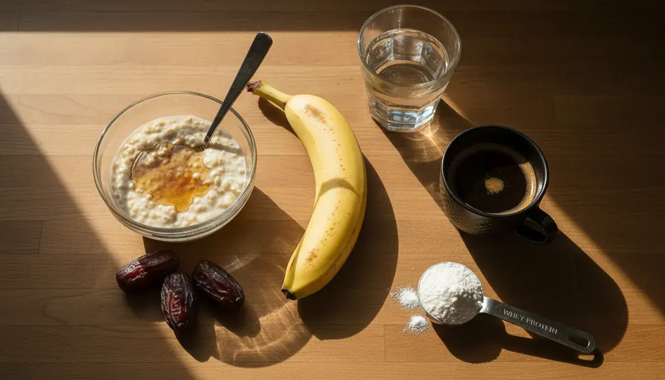 Alimentos pre-entreno sobre encimera de cocina doméstica: plátano, avena, dátiles y café