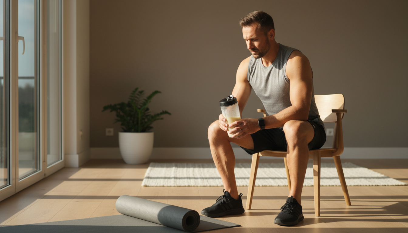 Hombre tomando batido pre-entreno antes de su sesión en casa