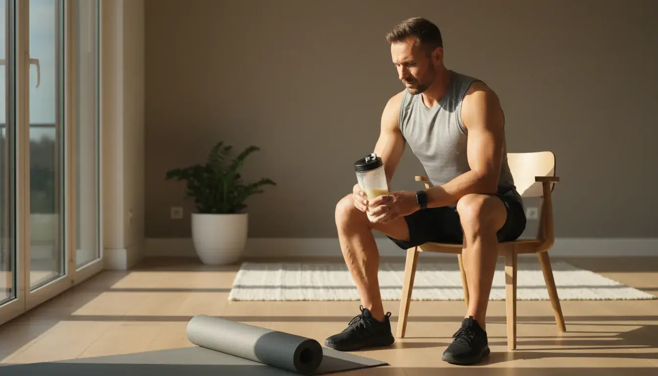 Hombre tomando batido pre-entreno antes de su sesión en casa