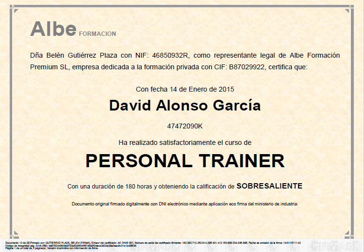 Certificado de Personal Trainer con calificación Sobresaliente, Albe Formación