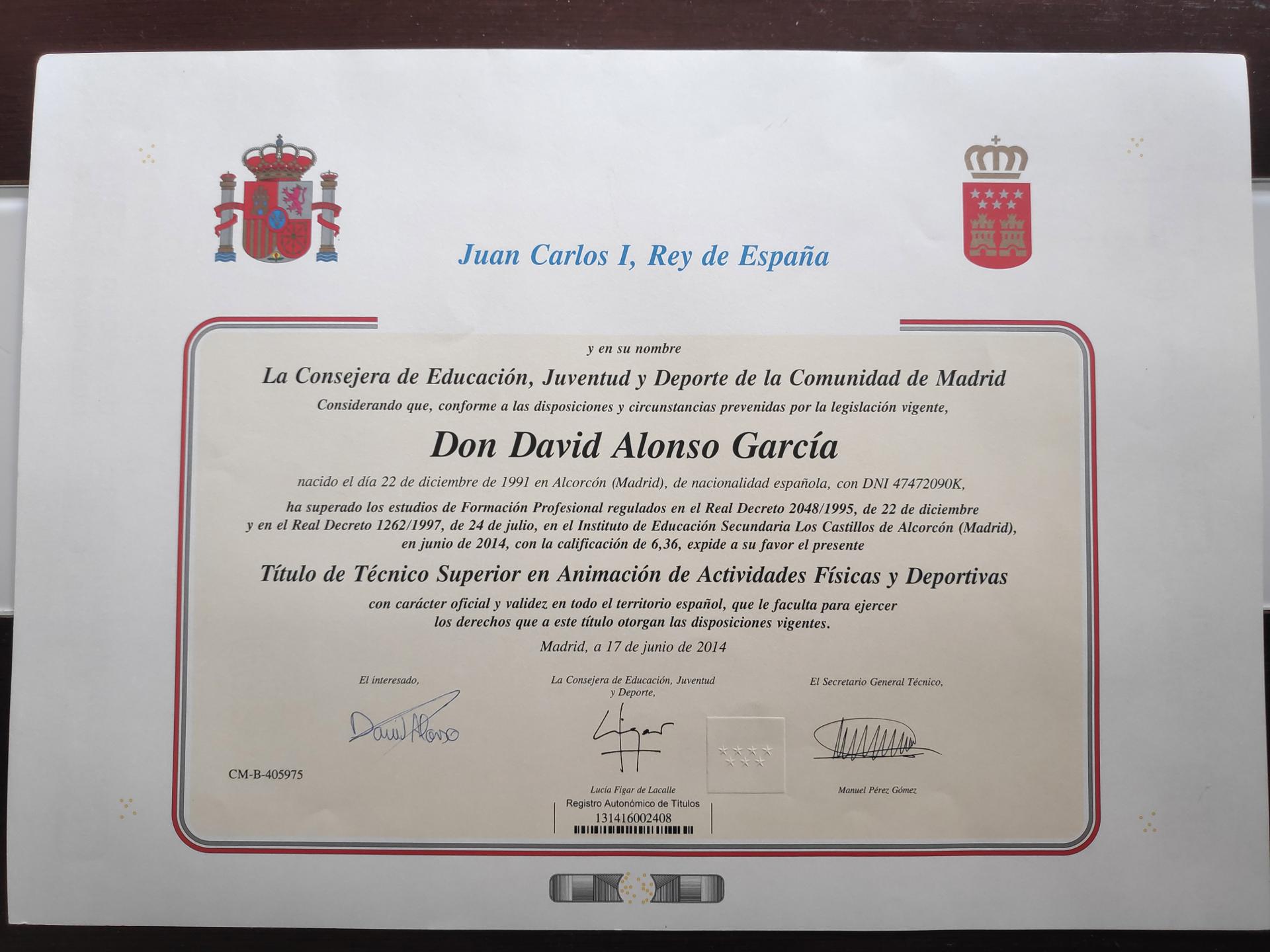 Título oficial TAFAD — Técnico Superior en Animación de Actividades Físicas y Deportivas, Comunidad de Madrid