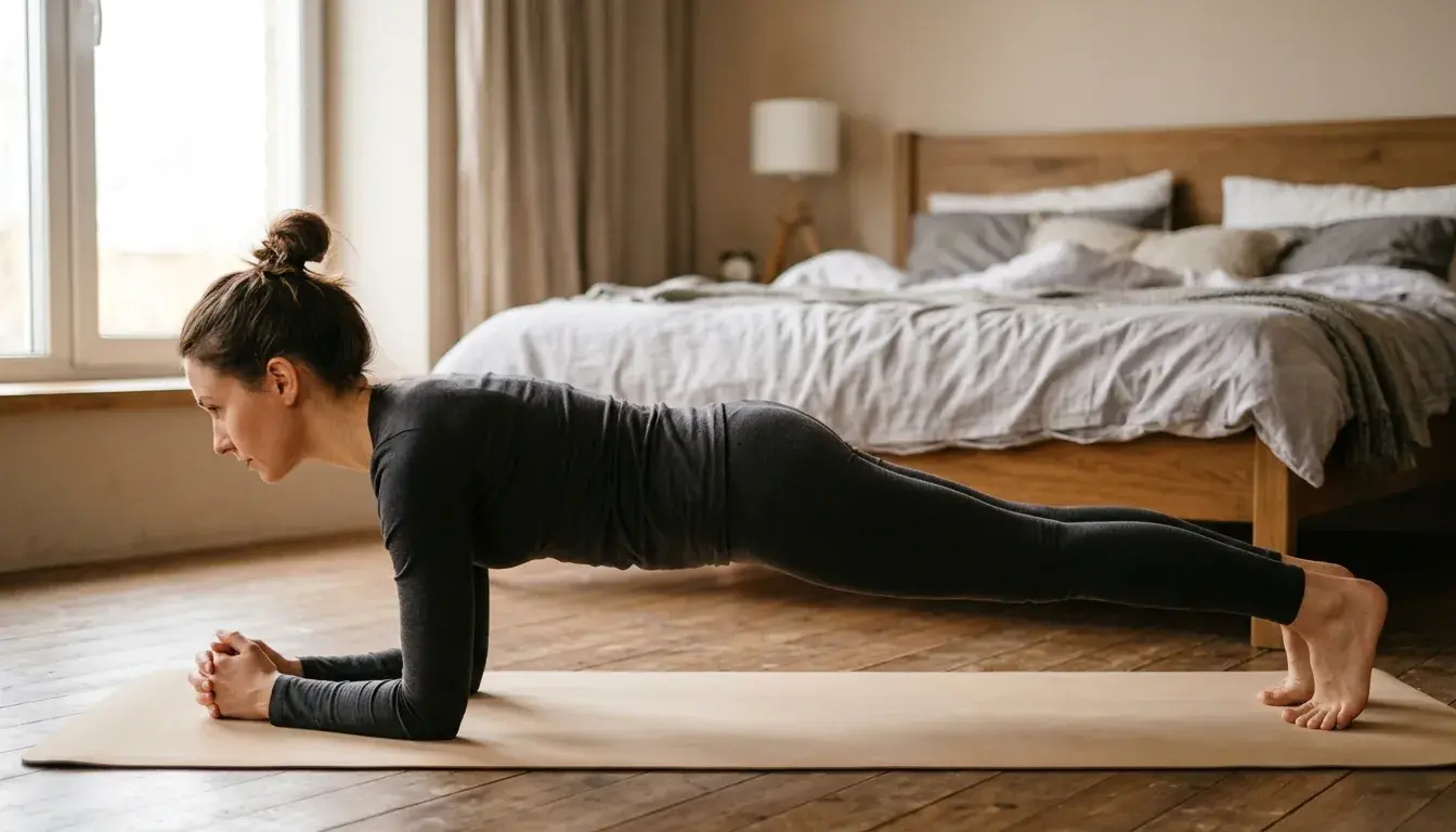Plancha abdominal con el cuerpo en línea recta y los codos bajo los hombros